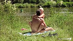 Small tit blonde Cayla Lions rides outdoors, bent over.