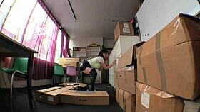 sexy asian woman in leather boots sits on boss's face