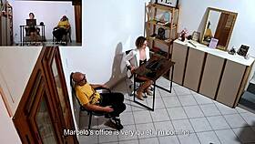 horny secretary starts masturbating at work and ends up fucking a harassing client - part 1