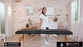 Sexy ebony babe enjoys rimjob, scissoring, and masturbation in oiled all-girl massage.