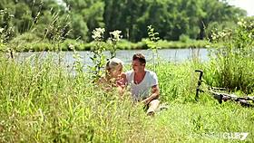 Small tit blonde Cayla Lions rides outdoors, bent over.