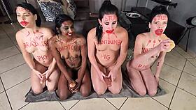 four lipstick sluts gag on dildos
