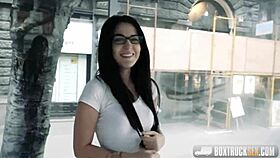 Hot babe Bella Beretta keeps glasses on while pounded hard in public.