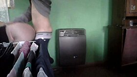 latina milf couple fucks in kitchen by heater