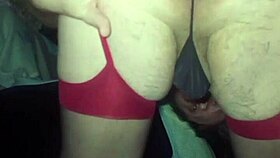 Gay man in red stockings rubs his little 18+ dick and shows his huge ass