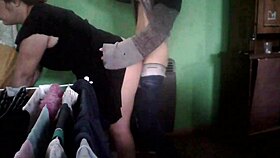 latina milf couple fucks in kitchen by heater