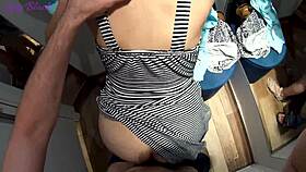 Imagine teen in fitting room blowing consultant, ending with cum swallow