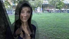 brunette with nice tits shows her body in front of everyone