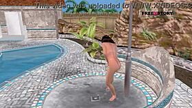 cute girl in 3d anime hentai strikes sexy poses and showers by pool