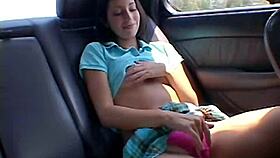 Chloe 18 intensely fingers her pussy while showing natural tits outdoors at the car