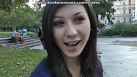 brunette with nice tits shows her body in front of everyone