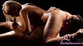 Horny couple in close-up shaved pussy licking and big cock riding?