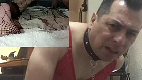 Gay prostitute in lingerie uses two dildos for bdsm scene