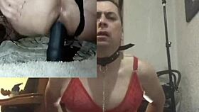 Gay prostitute in lingerie uses two dildos for bdsm scene