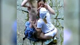 Voyeur Catches Two Sluts Sucking Lucky Guy On The Street.