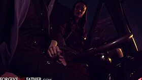 A woman in stockings is picked up and driven in a van by a stranger