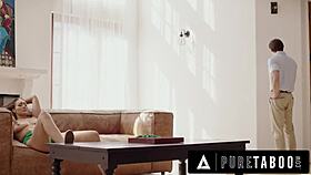 bella rolland rides the repairman's cock wildly in taboo sex. She deepthroats and gets spanked.