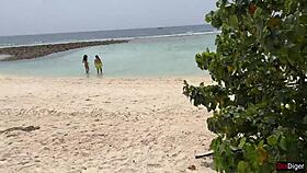 Man, this voyeur jerking off to busty milf and stepdaughter is wild! 😲