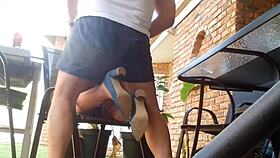 Stepmom’s upskirt view while I’m dildo drilling her shaved pussy