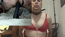 Gay prostitute in lingerie uses two dildos for bdsm scene
