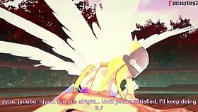 Angelwomon evolves and interacts with three Digimon in fantasy