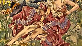 Vintage erotic illustration depicts antique anime hentai cartoon in detailed retro style