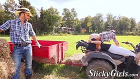 Inked Farmhand Gets Threeway Fucked in Doggy Style After Eating Pussy Outdoors