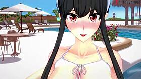 yor forger in bikini gets drilled at pool in spy x family fantasy.