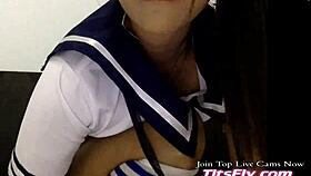 Big ass schoolgirl has live webcam sex with a dildo