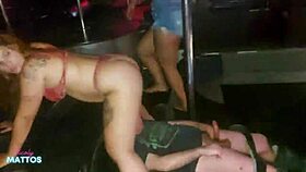 in the swing house, she sits on faces and gives blowjobs to everyone, clothes ripped in public fun