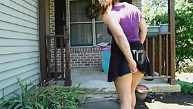 Flashing pink fluffy butt plug tail in daring public stunt