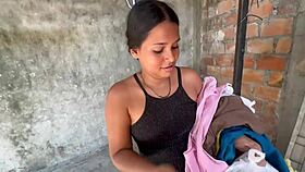 big tits neighbor sucks monster cock outdoor after laundry