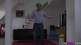 this european teen in stockings gives an old guy a blowjob