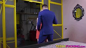 Flat-chested young blonde gets cum in mouth after riding monster cock