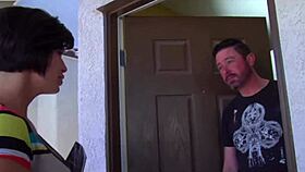 the busty milf masturbates while the lucky boy watches