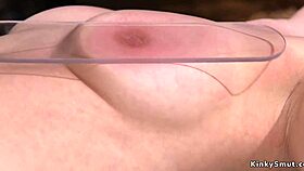 Blindfolded brunette sub bound and caned in rough maledom play.