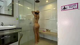 bloated plumber licks and fucks busty big-assed hottie in bathroom, gaping her big pussy.