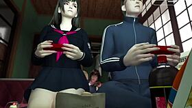 NTR Japanese teen 18+ girl dives into a steamy threesome with friend and stepbrother.