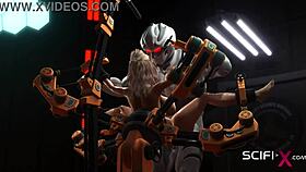 Busty blonde explores extreme interactions with android in sci-fi lab.