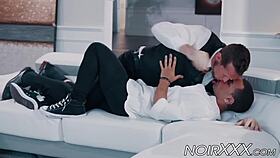 Handsome businessman intensely anally fucks young hunky black gay.