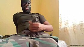 military guy begs for blowjob while dirty talking and jerking big black cock to orgasm