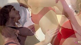 More mature lesbian in black stockings grips partner's hair during intense pussy eating session