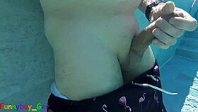 Gay guy jerks fat cock in public thermal pool underwater fun