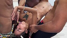 Damn, I watched this tiny Brazilian cutie take on 4 guys at the motel, totally drenched!