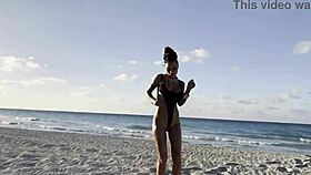 Monika Fox enjoys solo masturbation with squirt and prolapse on the beach.