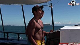 Black haired beauty enjoys a hot anal threesome on a boat