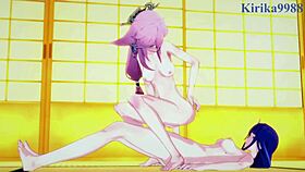 shenhe, lumine, miko yae, and raiden shogun in intense futanari lesbian sex with creampies