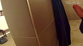 Spying on big boobs woman in restroom pool shower exposes hard cock