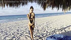 Monika Fox enjoys solo masturbation with squirt and prolapse on the beach.