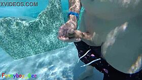 Gay guy jerks fat cock in public thermal pool underwater fun
